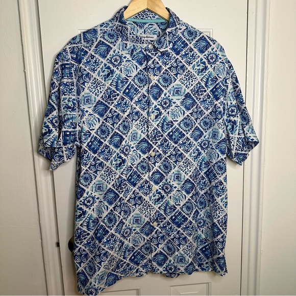 TOMMY BAHAMA Tivoli Tiles Madras Hawaiian Shirt Men’s Large Hawaiian Party Polo - Picture 3 of 9